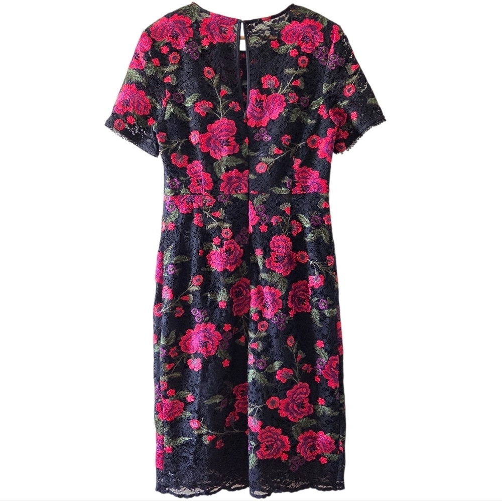 Trina Turk Women's Dress Floral Red Black Size 10 Lace Midi Length Embroidered - Picture 13 of 16